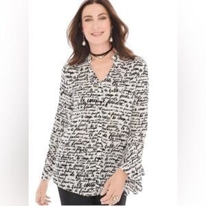 Chicos Love At First Sight Top Long Poet Sleeve Blouse Size XS White Black